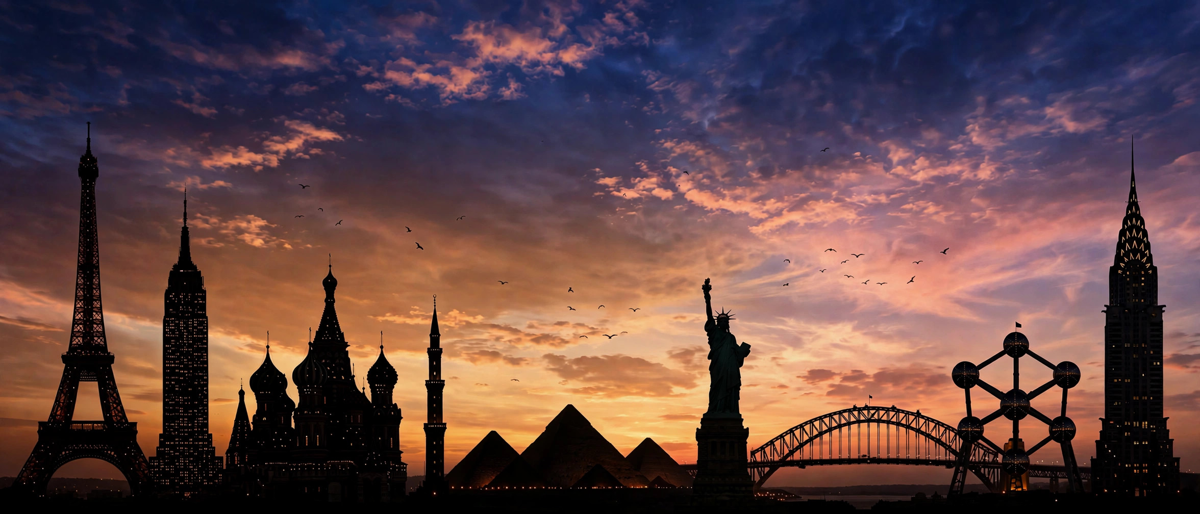 World landmarks silhouetted against the sky